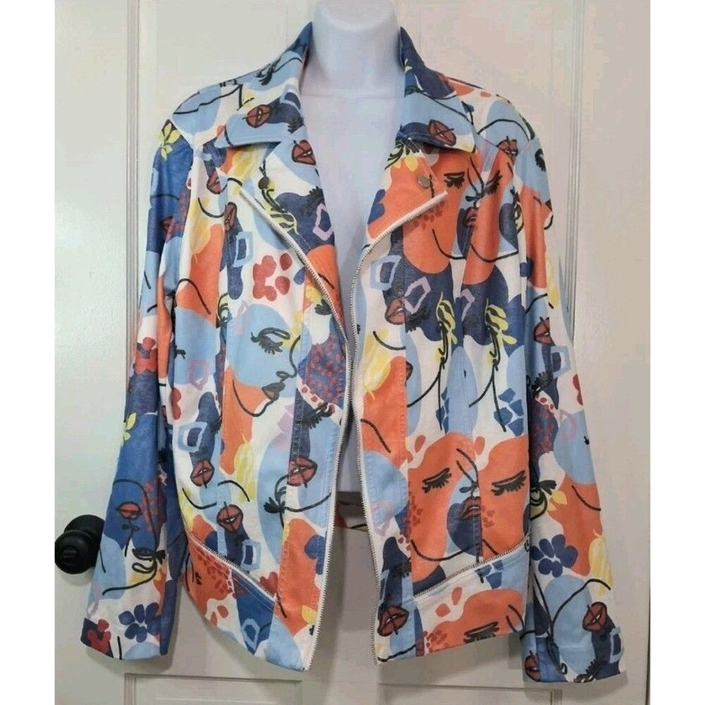 Joseph Ribkoff Face Print Faux Suede Moto Jacket Womens XXL Multi Abstract Art